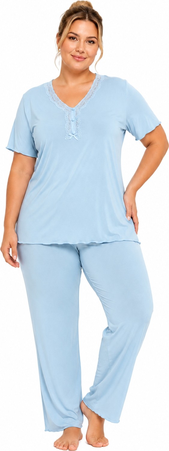 Özkan Underwear Özkan 1000-18-19 Kadın Bambu Kumaş Önü Patlı Dantelli Kısa Kollu Büyük Beden Pijama Takımı