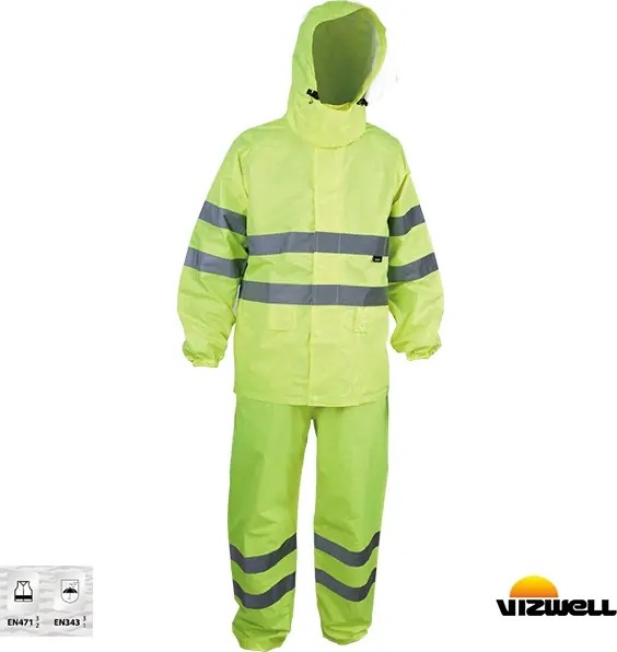 Vizwell ™ 150D Reflektörlü Takım Yağmurluk VWJK67 | EN343 Su Geçirmez, Yüksek Görünürlüklü, Rüzgar ve Yağmur Korumalı Iş Yağmurluğu