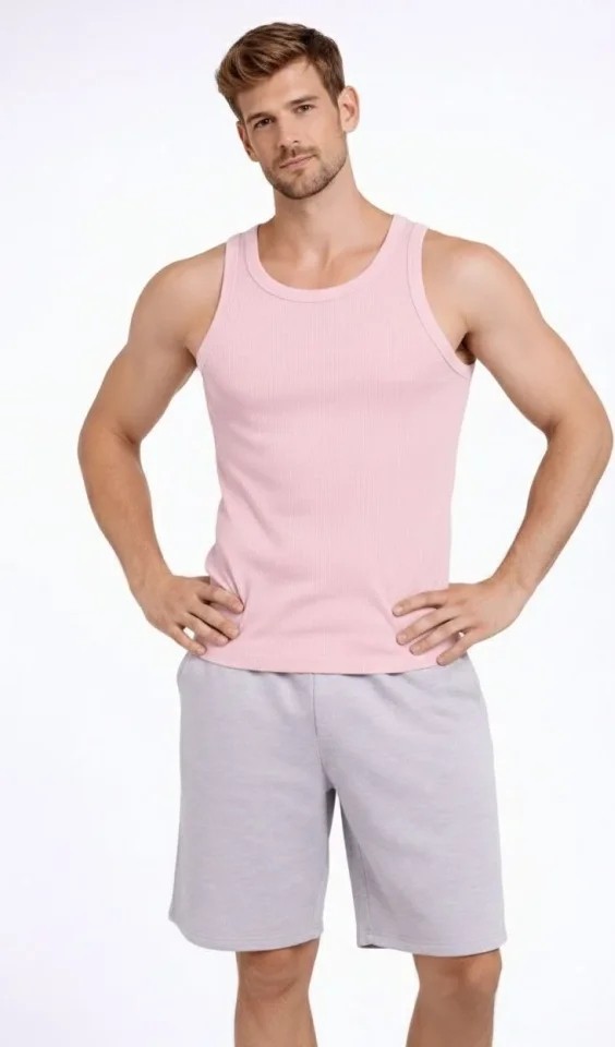Demir Grup cc Erkek Fitilli Atlet Sıfır Yaka Slim Fit Arka Baskılı Spor Atlet - Pembe görsel 4