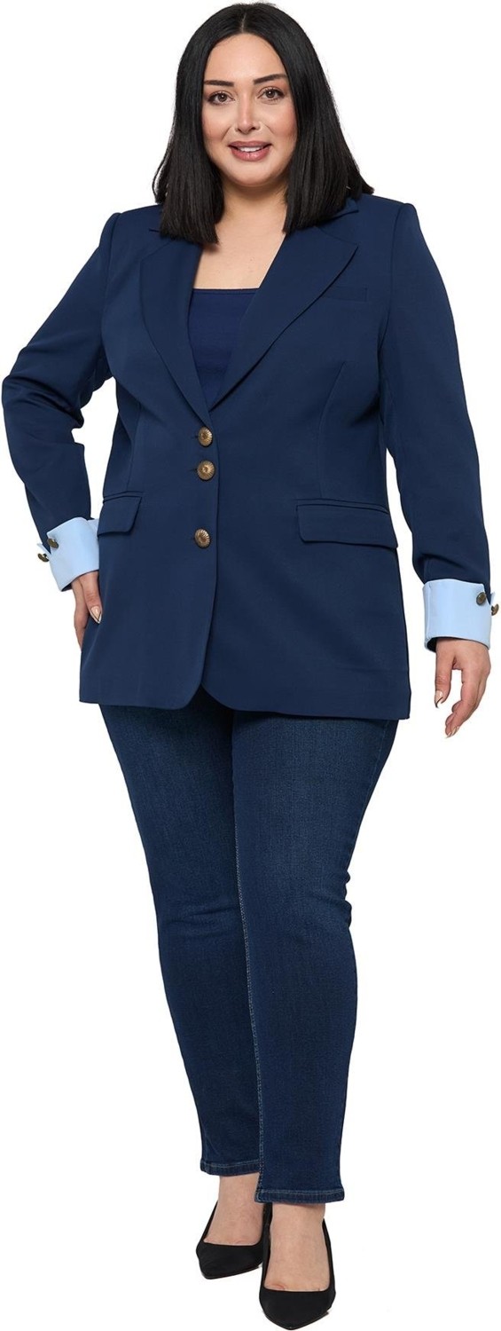 Disentis Modest Büyük Beden Manşeti Kumaş Garnili Düğme Detaylı Astarlı Siyah Saks Mavi Blazer Ceket görsel 7