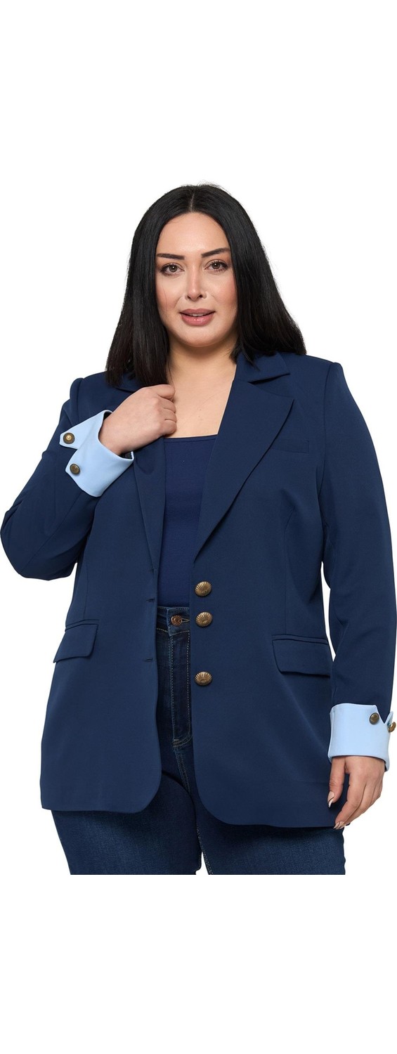 Disentis Modest Büyük Beden Manşeti Kumaş Garnili Düğme Detaylı Astarlı Siyah Saks Mavi Blazer Ceket görsel 8