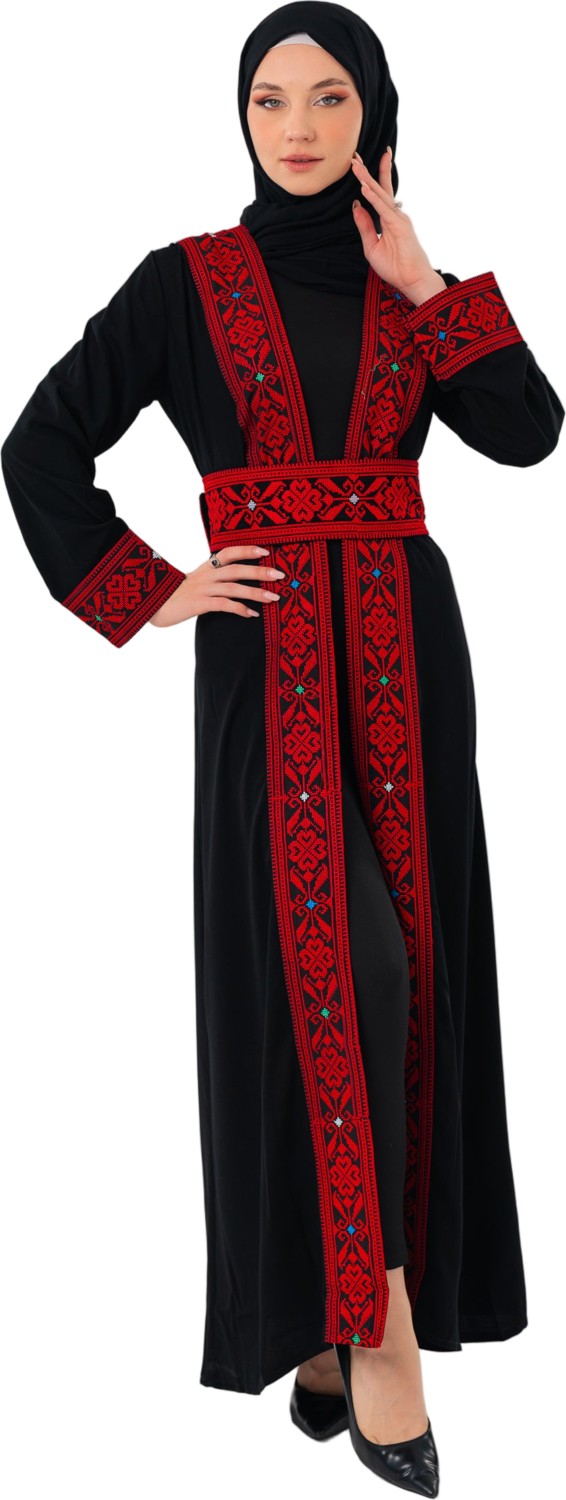 Zaytoon Ferace Filistin Geleneksel Nakışlı Uzun Siyah Abaya Kırmızı Renkli görsel 7
