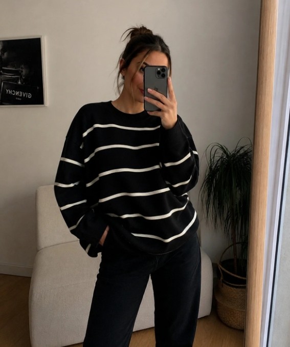 Onipreta Tekstil Kadın Çizgili Balıkçı Yaka Oversize Triko Kazak Uzun Kollu Salaş Model görsel 4