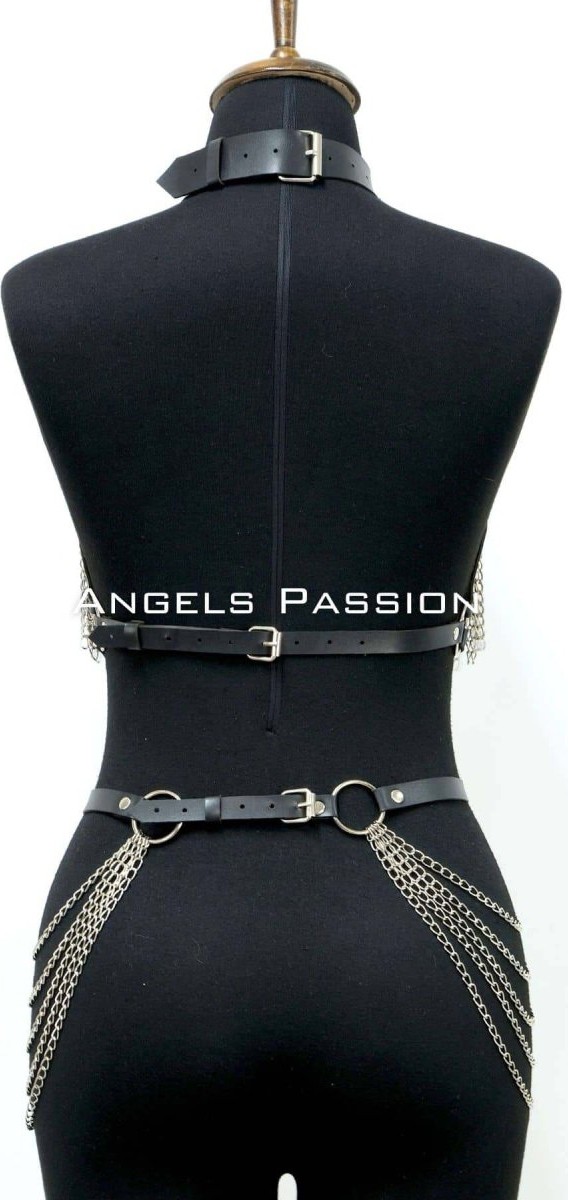 Aesco Zincirli Deri Harness, Deri Dansçı Kostüm, Choker Detaylı Deri Harness - BRF1397 görsel 5