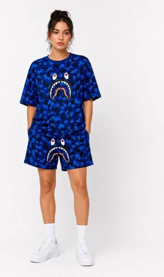 TeknoKapsül Oversize Kalıp Pubg Bape x Shark Nakışlı Cepli Şort Takım - Mavi - Mavi / L görsel 6