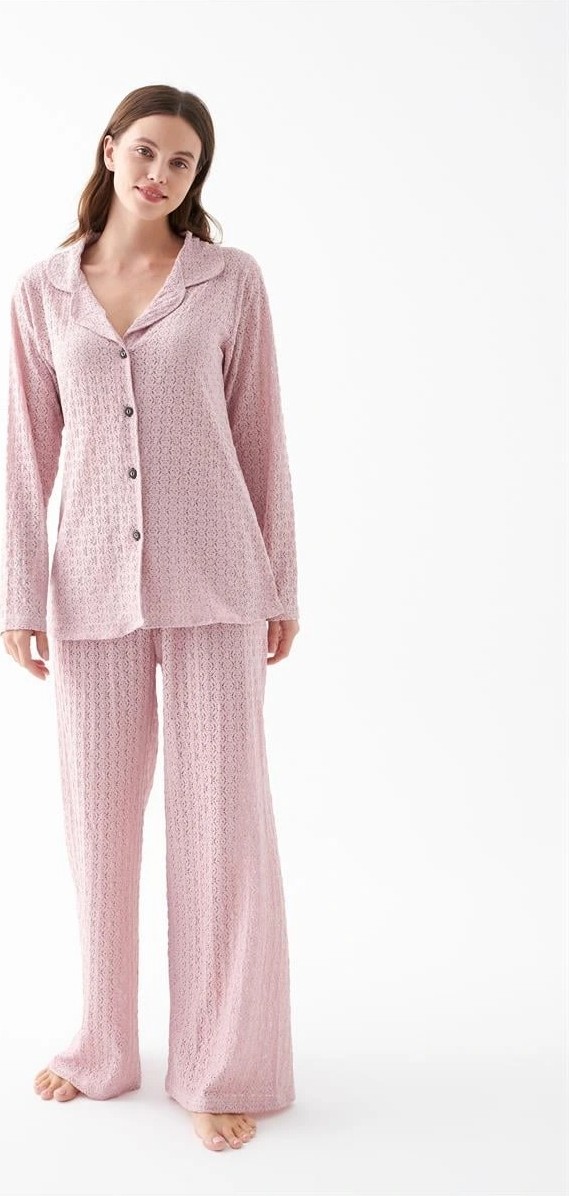 mery Kadın Pembe Önden Düğmeli Rahat Kesim Pijama Takımı, Günlük Ev Giyim Seti Mery görsel 5