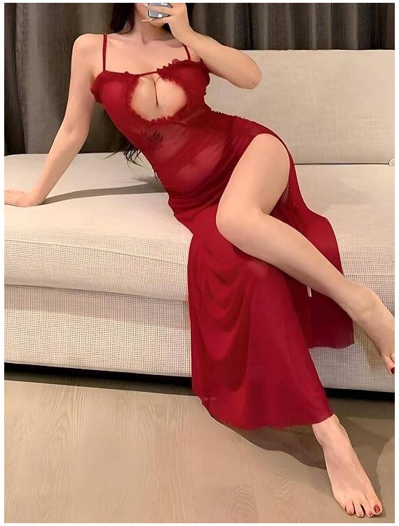 Transparan Yırtmaçlı Gecelik, Renk: Kırmızı, Beden: 4xl görsel 8