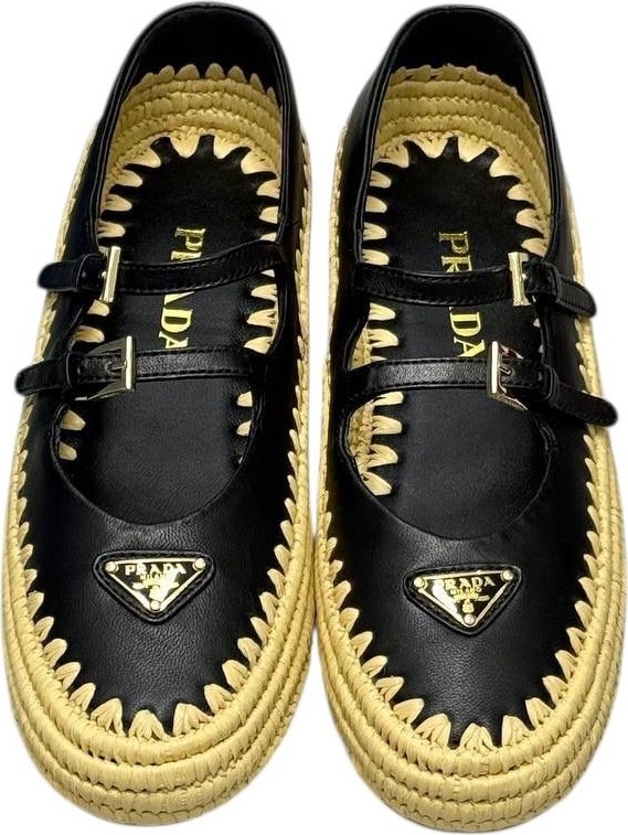 Globalux Prada Espadril Raffia Ballerinas Mary Jane - Kadın Ayakkabı - Günlük Ayakkabı - Hasır Ayakkabı