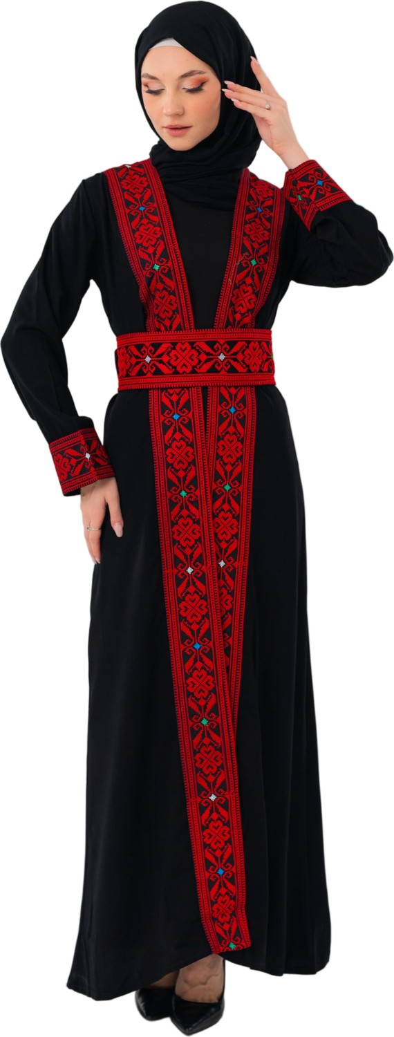 Zaytoon Ferace Filistin Geleneksel Nakışlı Uzun Siyah Abaya Kırmızı Renkli