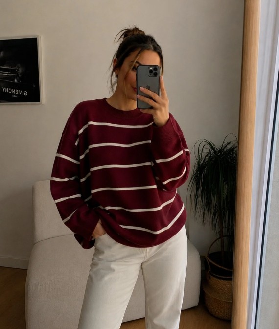 Onipreta Tekstil Kadın Çizgili Balıkçı Yaka Oversize Triko Kazak Uzun Kollu Salaş Model görsel 3
