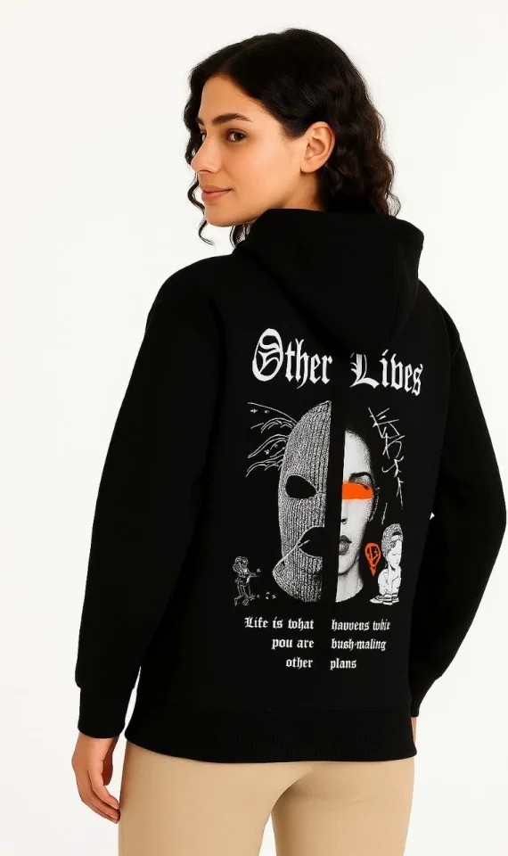 Üç Iplik Kapşonlu Ön ve Arka Baskılı Sweatshirt Hoodie- Siyah görsel 4