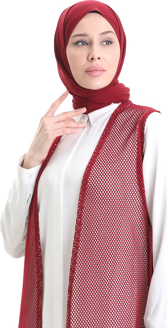 Sefa Merve Dantelli Uzun Dökümlü Yelek 8746-02 Bordo görsel 4