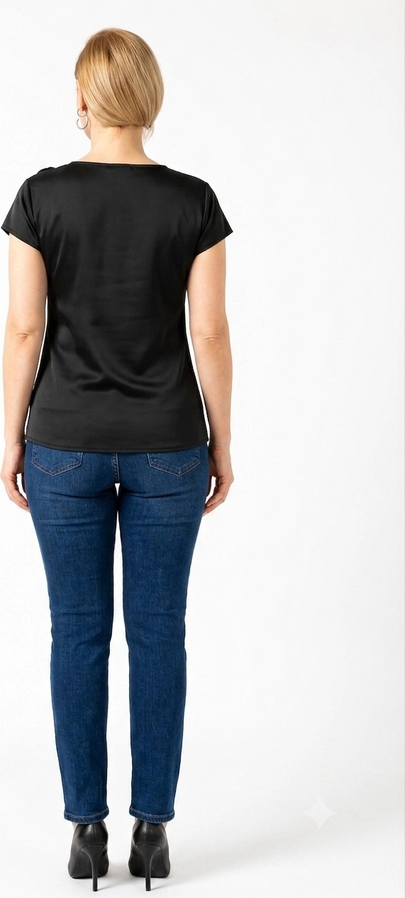Moda Berray 4380 Siyah Gül Aksesuarlı Saten Degaje Yaka Şık Bluz görsel 3