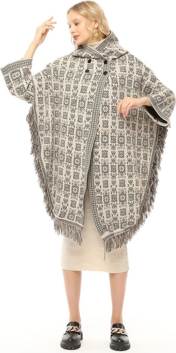 Kadın Kilim Desenli Kapüşonlu Çıtçıt Detaylı Oversize Şık Tasarımlı Kalın Panço görsel 4
