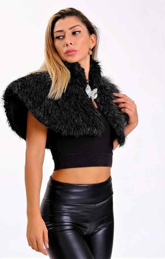 Veraura Lifestyle Siyah Broşlu Kürk Etol Bolero görsel 4