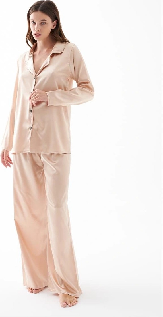 mery Moda Kadın Bej Oversize Saten Pijama Takımı, Rahat Kesim Şık Ev Giyim Seti Beruflic