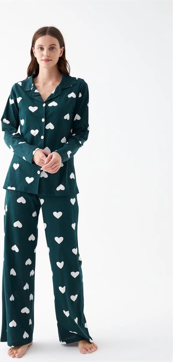 mery Kadın Zümrüt Yeşili Kalp Desenli Düğmeli Pamuklu Pijama Takımı Mery görsel 3