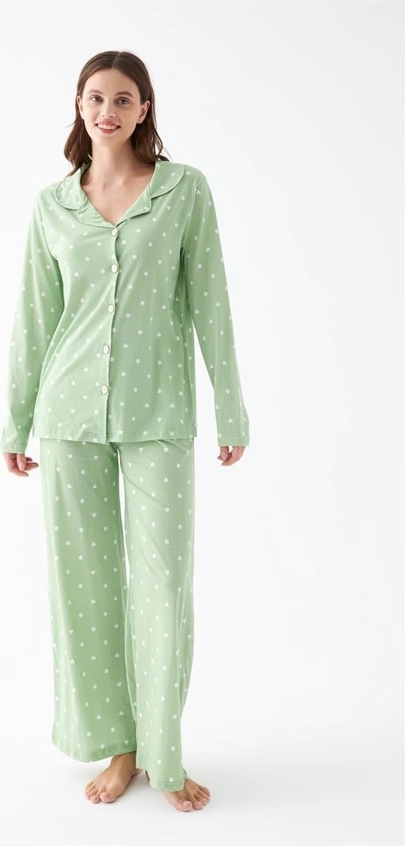 mery Kadın Yeşil Kalp Desenli Düğmeli Pamuklu Pijama Takımı Mery