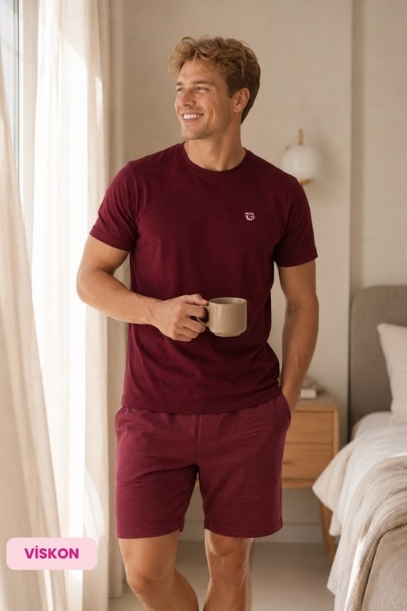 Guava Homewear Erkek Jakarlı Düğmesiz Bisiklet Yaka Yazlık Viskon Kısa Kollu Cepli Diz Üstü Şortlu Pijama Takımı