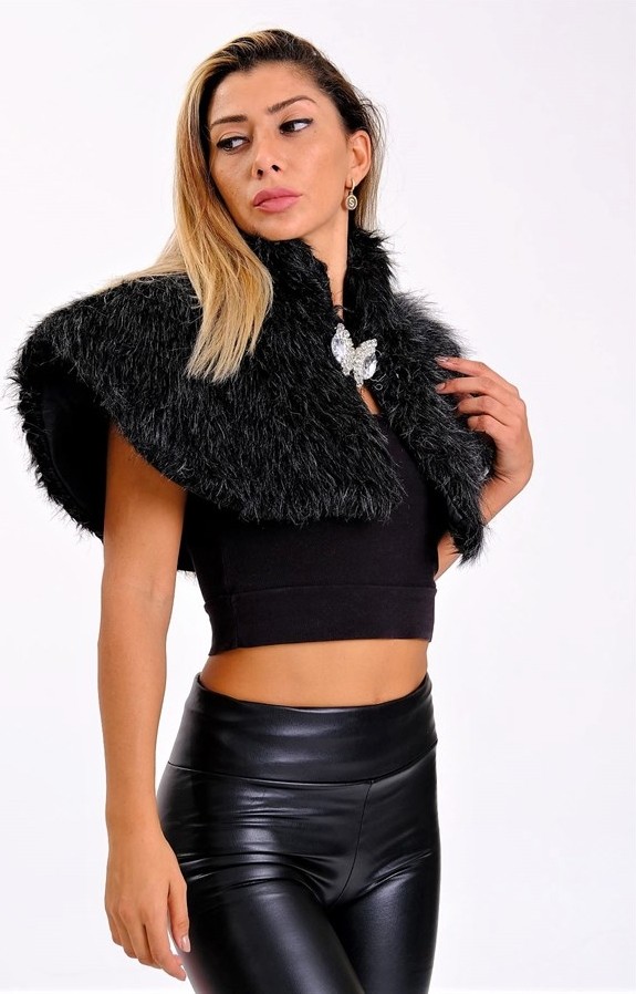 Keyifli Moda Siyah Broşlu Kürk Etol Bolero görsel 4