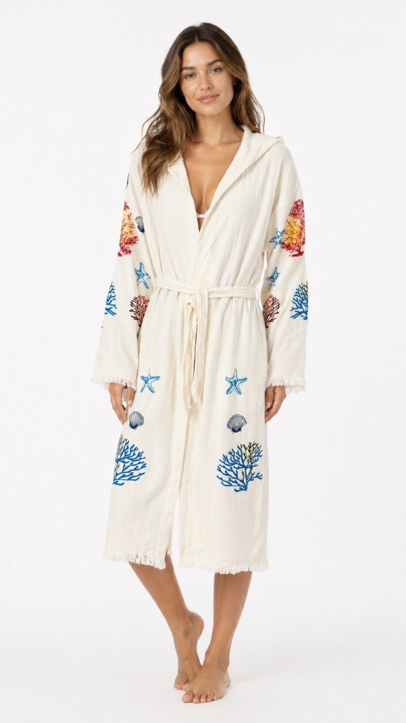 Mulberry Kadın Müslin Plaj Kimonosu Kapüşonlu %100 Pamuk Baskılı Yazlık Kimono Bornoz