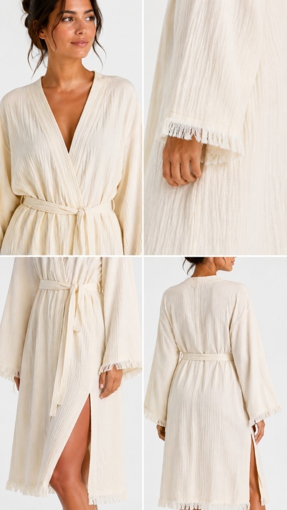 Mulberry Natural Touch Müslin Kimono Bornoz, Püskül Detaylı Yırtmaçlı Spa & Plaj Kimonosu görsel 3