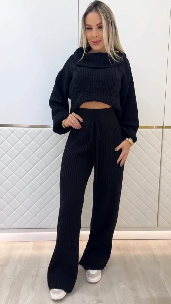 Trend Cojans Kadın Uzun Kollu Balıkçı Yaka Kısa Triko Bluz ve Pantolon Ikili Takım görsel 2