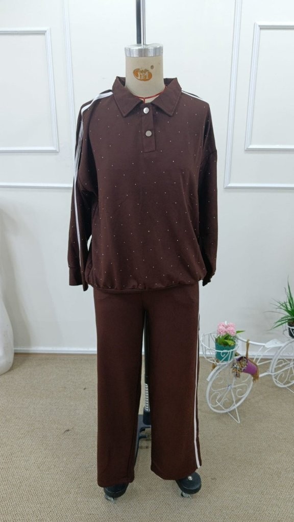 TeknoKapsül Kadın Uzun Kollu Yakalı Şerit Detaylı Viskon Iki Iplik Bluz ve Pantolon Ikili Takım - Kahve / 2xl-3xl görsel 7