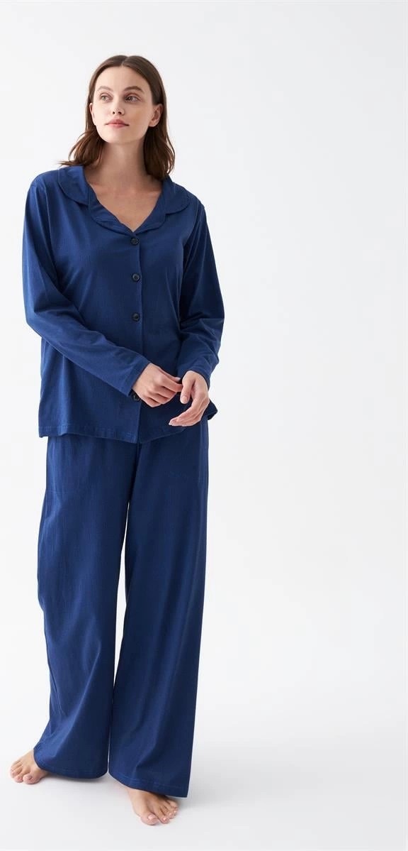 mery Kadın Lacivert Düğmeli Yaka Detaylı Pamuklu Pijama Takımı Mery