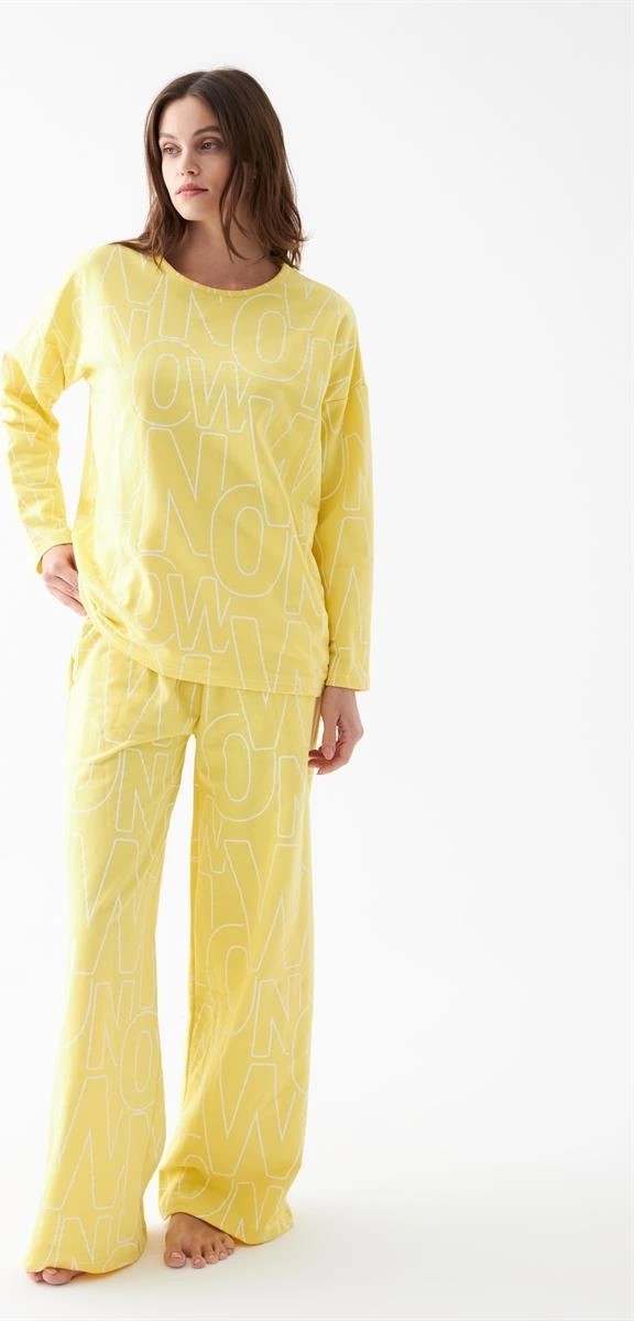 mery Moda Kadın Oversize Sarı Desenli Pamuklu Kalın Pijama Takımı Beruflic
