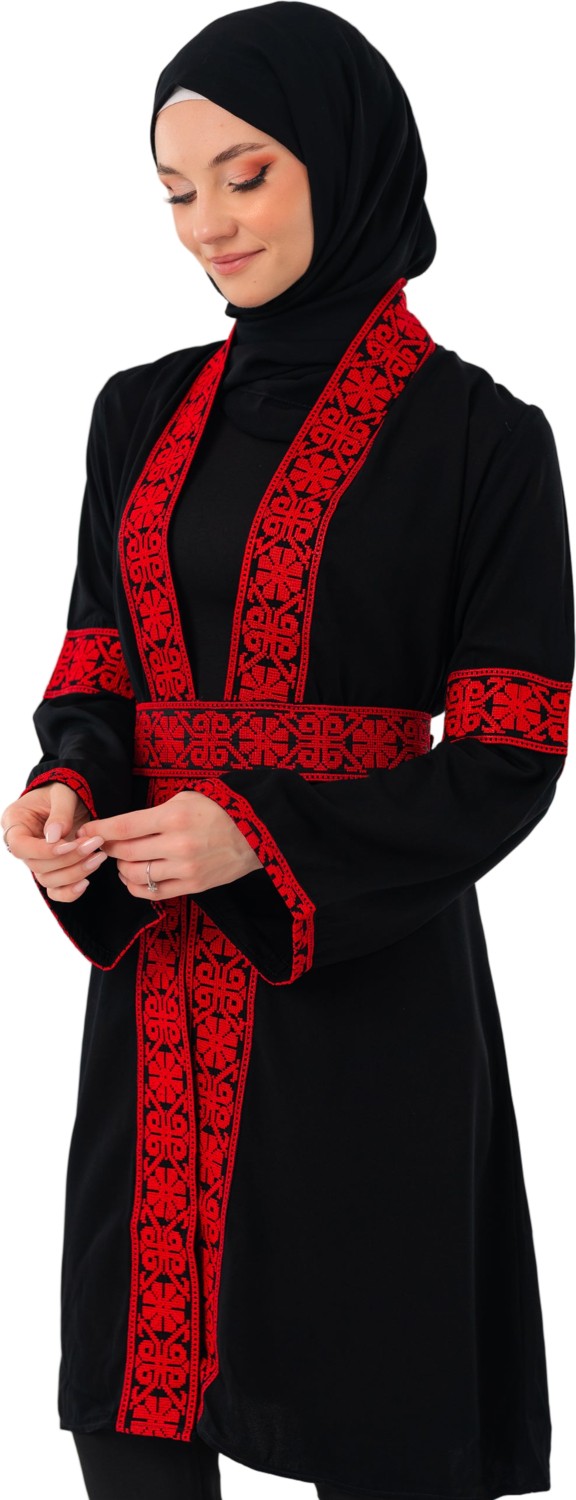 Zaytoon Tesettür Kaban Filistin Nakışlı Kırmızı Siyah Kısa Kaban Abaya Kadın görsel 2