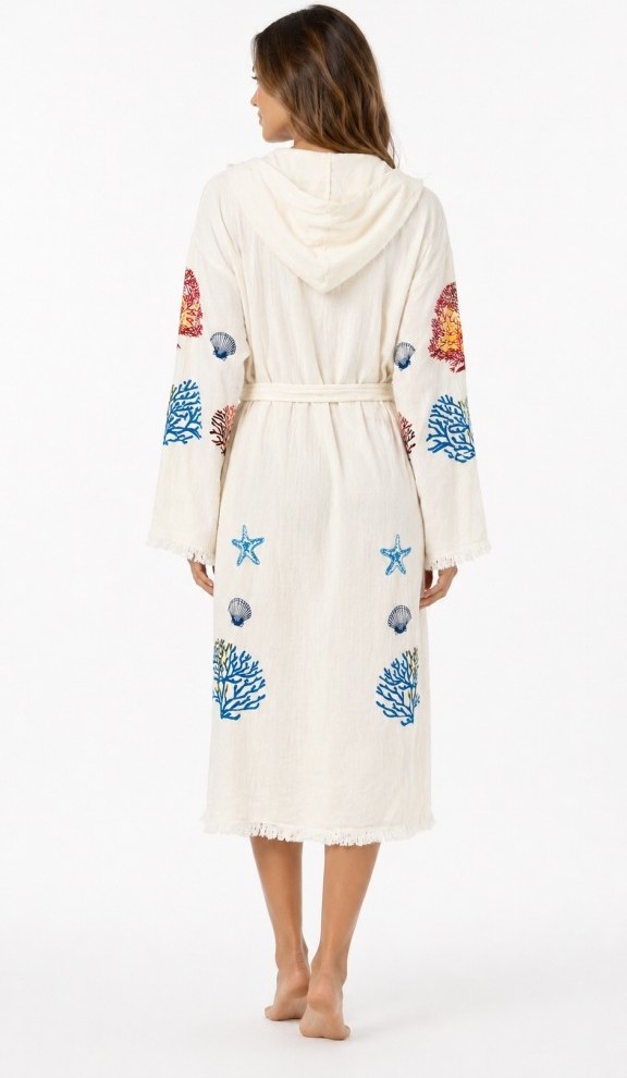 Mulberry Kadın Müslin Plaj Kimonosu Kapüşonlu %100 Pamuk Baskılı Yazlık Kimono Bornoz görsel 2