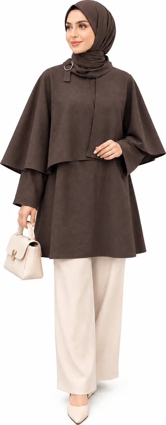Qmash prive 9229 Pelerinli Tunik Kahve