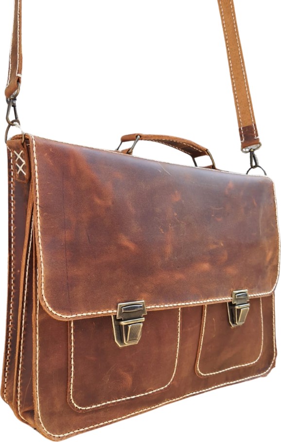 Semiramis Zeus Model Deri El Yapımı Unisex Kızıl Taba Çift Körüklü Vintage Evrak Çantası