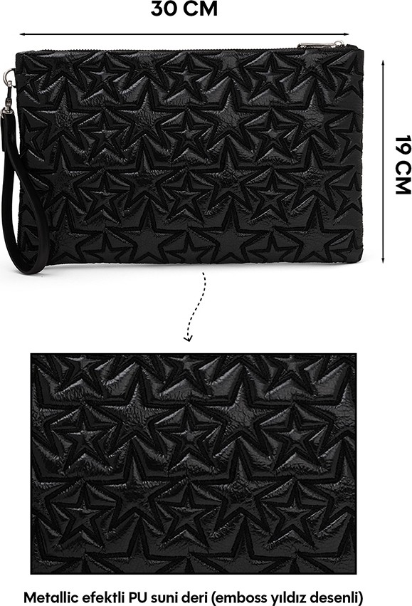 Ecrou Yıldız Desenli Siyah Parlak Portföy & Clutch Çanta Çıkarılabilir Bileklik Askılı 30 x 19 cm görsel 2