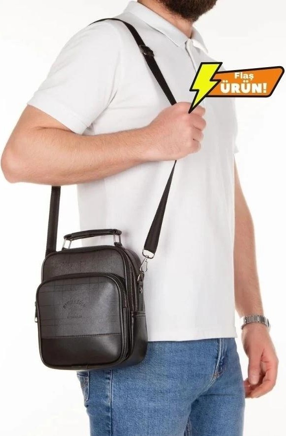 Newish Polo Erkek Ekose Siyah Deri Mekanizmalı Cüzdan ve Günlük Omuz El Çantası newpolo060 görsel 2