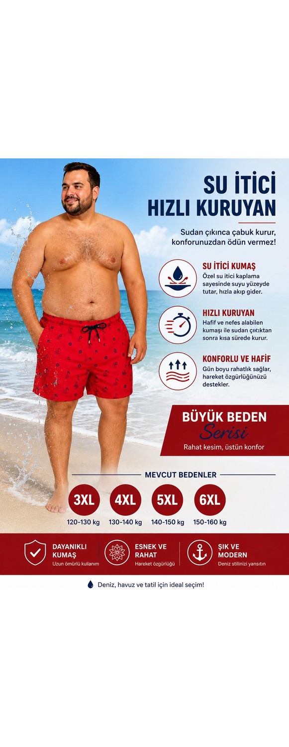 Miami Beach Büyük Beden Su Itici Özellikli Dijital Baskılı Erkek Plaj Deniz Şort Mayo // 410-LACIVERT görsel 6