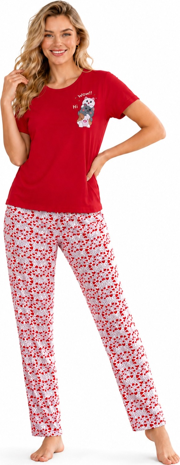 Özkan Underwear Özkan 1000-22-26 Kadın Pamuklu Likralı Önü Baskılı Karışık Desenli Kısa Kollu Bisiklet Yaka Pijama Takımı