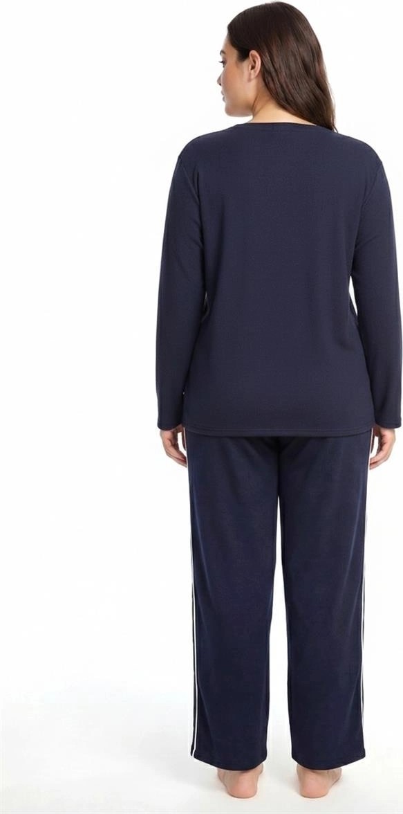 mery Kadın Büyük Beden Lacivert Uzun Kollu Pijama Takımı Şerit Detaylı Rahat Ev Giyim Seti Mery görsel 4