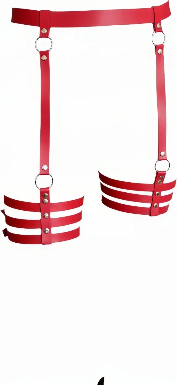 Motto10 Butik Kırmızı Jartiyer Harness Parlak Deri Çoklu Bantlı - APFT358