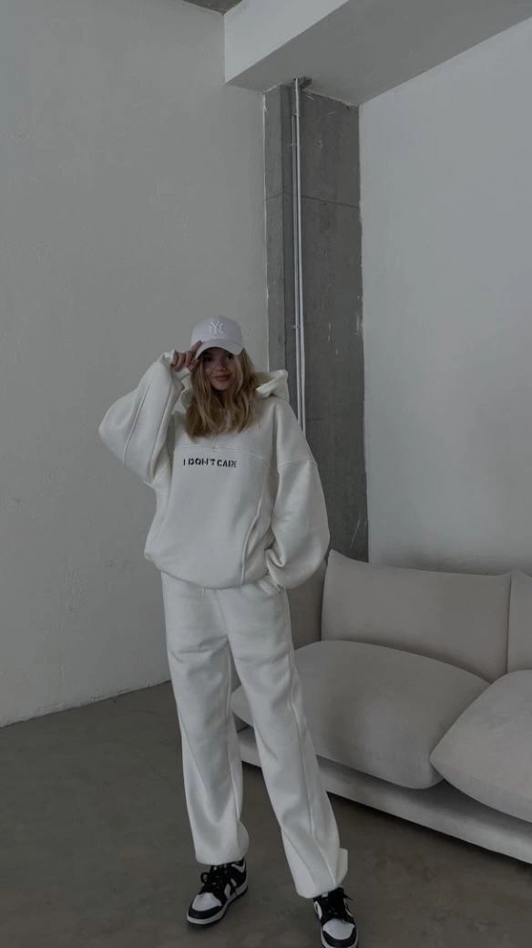 Fantastik Store Kadın Nakış Işlemeli 3 Iplik Pamuklu Sweat Alt-Üst Takım- Beyaz görsel 4