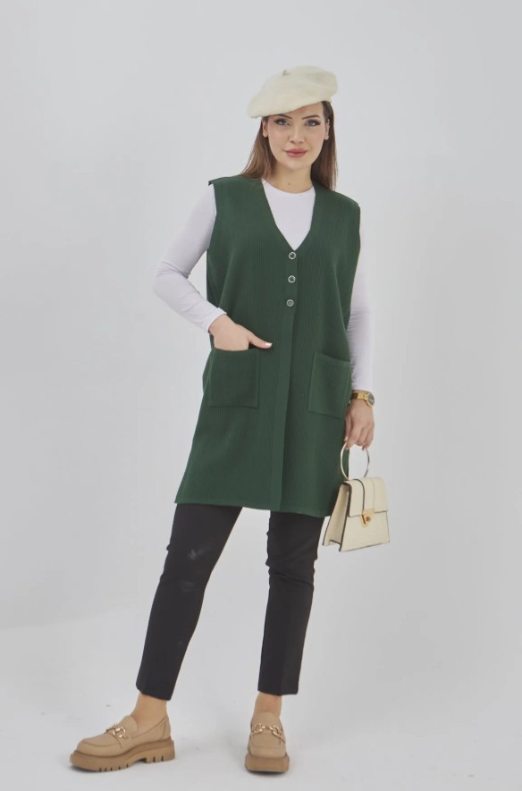 Fresh Moda Kadın Uzun Mevsimlik Triko Likralı Esnek Cepli Düğmeli Yelek