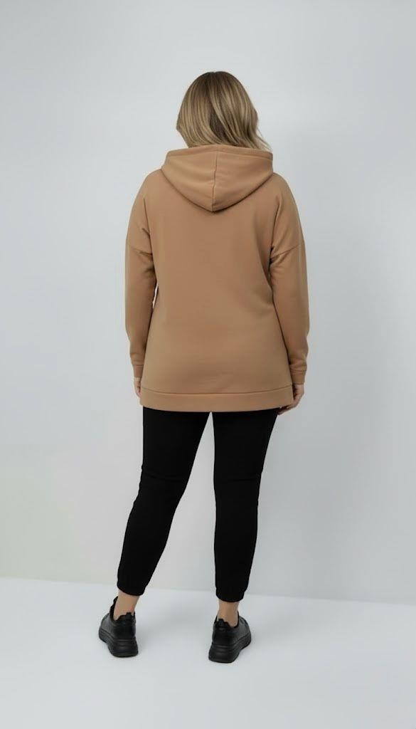 Moda Xlarge Kadın Büyük Beden Uzun Kollu Kapüşonlu Fermuar Detaylı Sweatshirt 2007 görsel 3