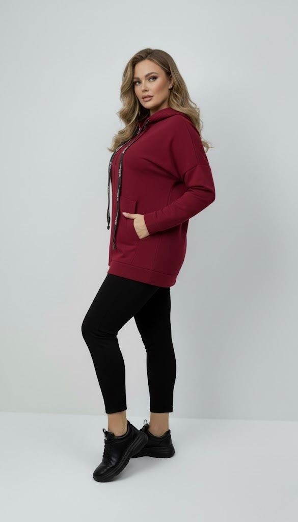 Koza Butik Kadın Büyük Beden Uzun Kollu Kapüşonlu Fermuar Detaylı Sweatshirt 2007 görsel 5