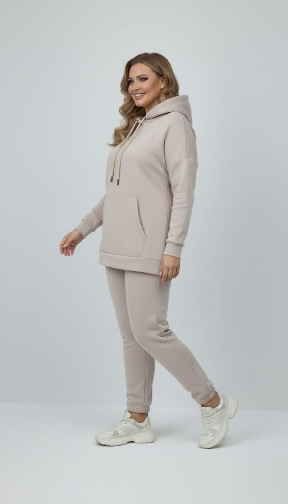 Moda Xlarge Kadın Büyük Beden Uzun Kollu Üç Iplik Şardonlu Lastik Paça Eşofman Takımı 8230 görsel 2
