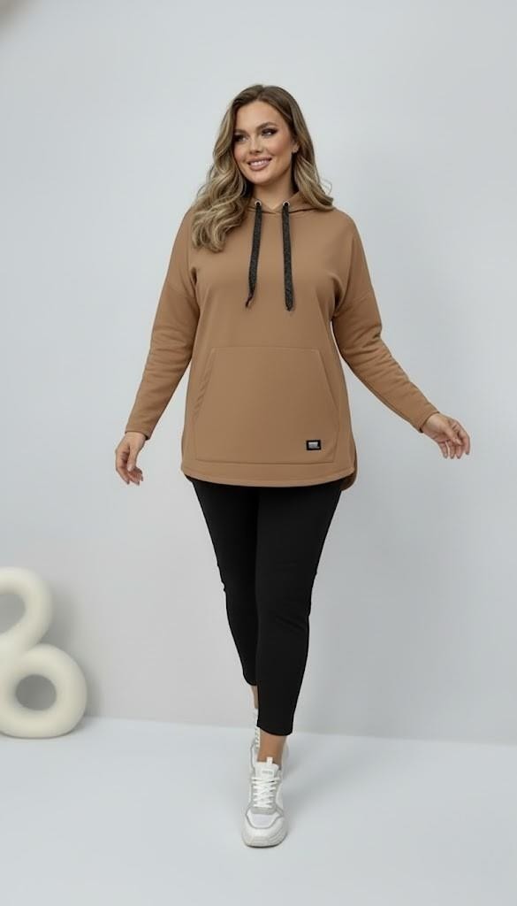 Moda Xlarge Kadın Büyük Beden Uzun Kollu Kapüşonlu Kanguru Cepli Sweatshirt 2016