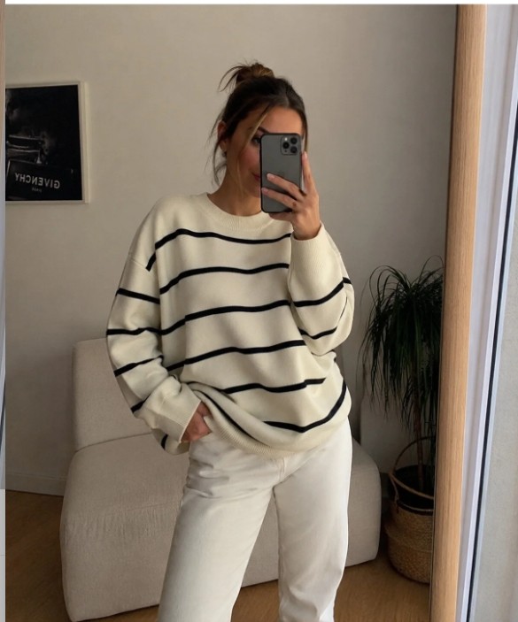 Onipreta Tekstil Kadın Çizgili Balıkçı Yaka Oversize Triko Kazak Uzun Kollu Salaş Model
