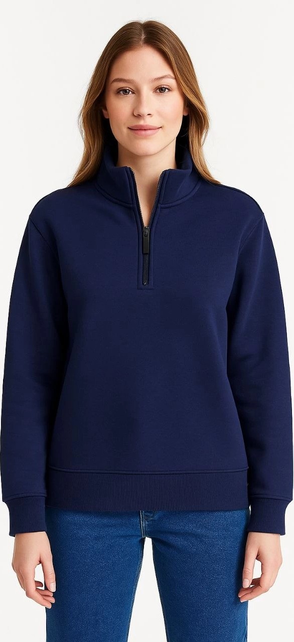 Tarz Yeri Kadın 3 Iplik Pamuklu Dık Yaka Yarım Fermuarlı Sweatshirt - Lacivert görsel 5