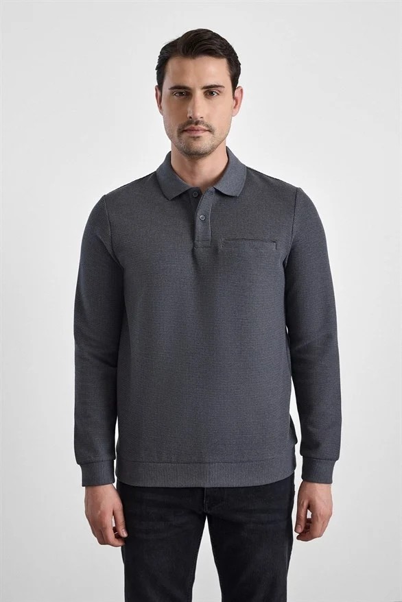 Süvari Koyu Kahve Regular Düz Baskısız Selanik Düğmeli Polo Yaka Torba Cep Trikolu Sweatshirt görsel 8