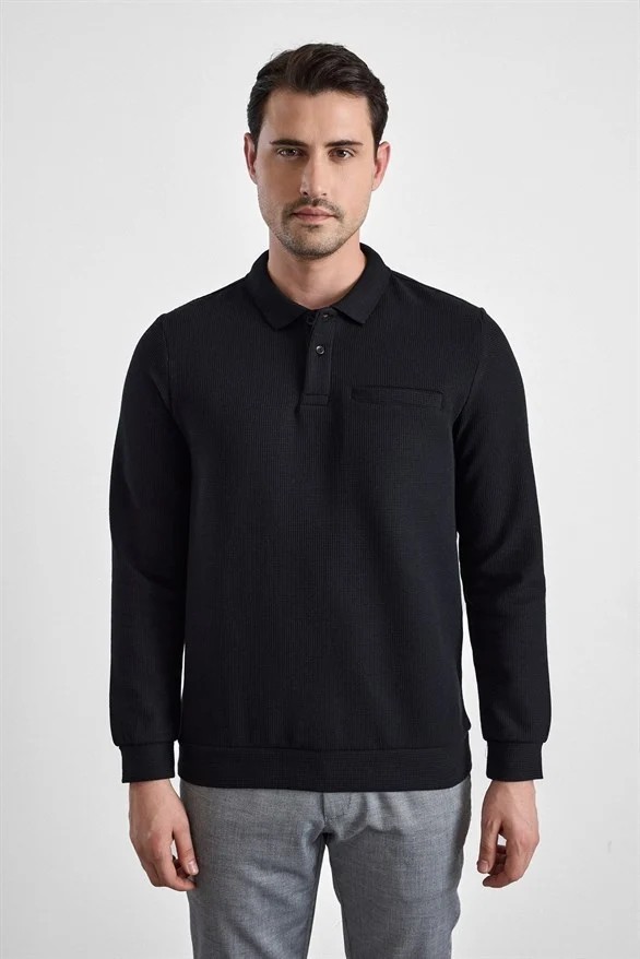 Süvari Koyu Kahve Regular Düz Baskısız Selanik Düğmeli Polo Yaka Torba Cep Trikolu Sweatshirt